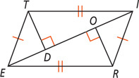 Quadrilateral ETIR has sides ET and IR equal and sides Ti and ER equal, with diagonal EI. A segment from T meets EI at a right angle at D. A segment from R meets EI at a right angle at O.