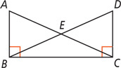 Overlapping triangles ABC and DCB, with right angles at B and C, share side BC with sides AC and DB intersecting at E.