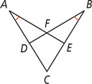 A figure has vertices A, C, and B, with sides AC and BC. Angles A and B are equal. A segment from A meets BC at E, intersecting a segment from B to AC at D at F.