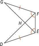A figure has vertices D, E, F, and G, with sides DE, EF, and FG. Angles E and F are equal and sides DE and FG are equal. Diagonals DF and EG intersect at H.