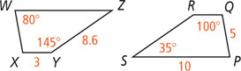 Quadrilateral WXYZ has angle W measuring 80 degrees, angle Y measuring 145 degrees, side XY measuring 3, and side YZ measuring 8.6. Quadrilateral PQRS has angle Q measuring 100 degrees, angle S measuring 35 degrees, side PQ measuring 5, and side SP measuring 10.