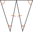 Two triangles share a vertex, with adjacent sides forming a straight line, connecting two equal angles. The other sides adjacent to the shared angle are equal, with their adjacent angles equal.