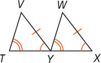 Triangles TVY and YWX share vertex Y, with sides VY and WX equal, angles VYT and X equal, and angles T and WYX equal.