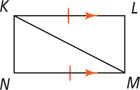 Triangles KNM and KLM share side KM, forming a rectangle, with sides NM and LK parallel and equal.