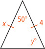 A triangle has two equal sides, one measuring x and one measuring 4, with the angle between them measuring 50 degrees and the angle adjacent to the side measuring 4 measuring y degrees.