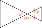 Two triangles share a vertex. One has two equal sides with angle x degrees between them at the shared vertex. The other has two equal sides adjacent to the shared angle, with one other angle measuring y degrees. An exterior angle at the shared vertex is 125 degrees.