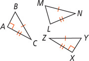 Triangle ABC has a right angle at A, one mark on side BC, and two marks on side AC. Triangle LMN has one mark on side MN and two marks on side LN. Triangle XYZ has right angle at X, one mark on YZ, and two marks on XZ.