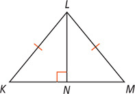 Triangle KLM, with sides KL and ML equal, is divided in half by a line from L meeting KM at a right angle at N.