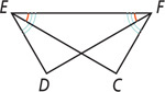 A figure has vertex D, E, F, and C has sides DE, EF, and FC, with angles E and F equal. Diagonals EC and DF intersect, with angles FEC and EFD equal. 