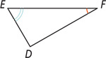 Triangle DEF has one arc at angle F and two arcs at angle E.