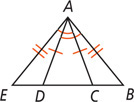 Triangle ABE has sides AE and AB equal. Equal segments AD and AC extend from A to EB, with angles EAC and BAD equal.