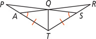 Figure PQRT is divided in half by vertical segment QT. From Q, segments lead to A on PT and S on RT, with sides AT and ST equal and angles QAT and QST equal.