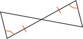 Two triangles share a vertex. Equal sides on each triangle adjacent the shared vertex form a line, leading to equal angles.