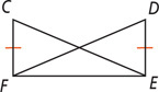 A figure has vertices C, F, E, and D, with sides CF and DE equal, and diagonals CE and FD intersecting.