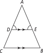 Triangle ABC has a segment from D on side AC to E on side AB, parallel to side BC. Angles ADE and AED are equal.