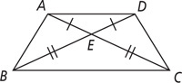 Quadrilateral ABCD has diagonals AC and BD intersecting at E. Segments AE and DE are equal, and segments BE and CE are equal.