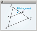 A geometry software screen display triangle ABC with midsegment DE connecting D on side AB and E on side AC, appearing parallel to BC.