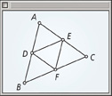 A geometry software screen displays triangle ABC with midsegment DE. Segments DF and EF extend to F on BC, forming four smaller triangles: ADE, DBF, DEF, and EFC.