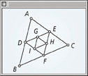 A geometry software screen displays triangle ABC with the four smaller triangles, including a fifth triangle, GHI within triangle DEF, connecting G on DE, H on EF, and I on DF.