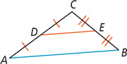 Triangle ABC has midsegment DE, with D as the midpoint of side AC and E the midpoint of side BC.