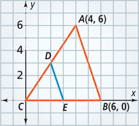 A graph of triangle ABC has vertices A(4, 6), B(6, 0), and C(0, 0), with segment DE from D(2, 3) to E(3, 0).