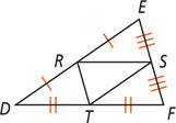 Triangle DEF has segments connecting R, the midpoint of side DE, S, the midpoint of side EF, and T, the midpoint of side DF, forming triangle RST.