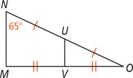 Triangle MNO, with angle N 65 degrees, has segment UV connecting U, the midpoint of side NO, and V, the midpoint of side MO.