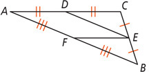 Triangle ABC has midsegments DE and EF, connecting midpoint D on side AC to midpoint E on side CB and E to midpoint F on side AB.