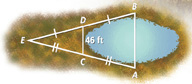 The sinkhole has segment AB extending across it, between opposite sides, each connected to E outside, forming triangle ABE. Midsegment CD, measuring 46 feet, touches the edge of the sinkhole, connecting midpoint C on side AE to midpoint D on side BE.