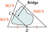 A bridge forms midsegment CD of a triangle, with C dividing a side into two 963-foot segments, and the third side measuring 2640 feet.