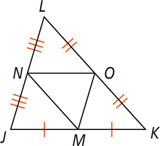 Triangle JKL has midsegments connecting midpoints M on side JK, N on side JL, and O on side LK, forming triangle MNO.