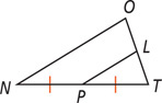 Triangle NTO has segment PL connecting midpoint P on side NT and point L on side OT.