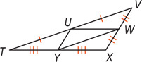 Triangle TVX has midsegments connecting midpoints U on side TV, W on side VX, and Y on side TX, forming triangle UWY.