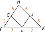 Triangle FHK has midsegments connecting midpoint G, dividing side FH into two segments measuring 5, midpoint J, dividing side HK into two segments measuring 6, and midpoint L, dividing side FK into two segments measuring 7.