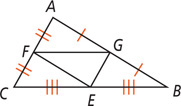 Triangle ABC has midsegments connecting midpoint G on side AB, midpoint F on side AC, and midpoint E on side BC.