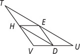 Triangle TUV has segments connecting E on side TU, D on side UV, and H on side TV.