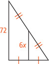 A triangle has a side measuring 72. The midsegment connecting the midpoints of the other two sides measures 6x.