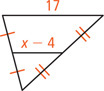 A triangle has a side measuring 17. The midsegment connecting the midpoints of the other two sides measures x minus 4.