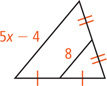 A triangle has a side measuring 5x minus 4. The midsegment connecting the midpoints of the other two sides measures 8.