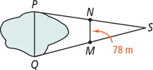 A triangle has side PQ extending across a lake, connected to vertex S outside, forming triangle PQS. Segment MN, measuring 78 meters, connects M on side QS and N on side PS.