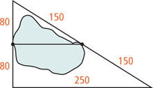 A triangle around a lake, with a side measuring 250, has midsegment of the other two sides extending across a lake, dividing one side into two segments measuring 80 and dividing the other side into two segments measuring 150.
