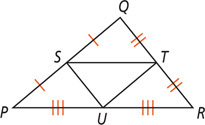 Triangle PQR has midsegments connecting midpoints S on side PQ, T on side QR, and U on side PR.