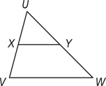 Triangle UVW has segment XY connecting X on side UV and Y on side UW.