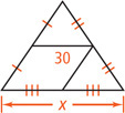 A triangle, with a side measuring x, has a midsegment measuring 30 connecting the midpoints of the other two sides. A second midsegment connects the side measuring x to a second side.