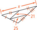 A triangle has a midsegment measuring 21 connecting a side measuring x to a second side. The midsegment measuring 25 connects the two sides with unknown measurements.