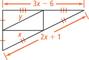 A triangle has midsegments connecting each side. A midsegment of length y connects a side measuring 3x minus 6 to a side of unknown length. A midsegment of length x connects a side measuring 2x + 1 to the side of unknown length.