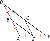 Triangle ADF has midsegments connecting midpoint B on side AD, midpoint E on side AF, and midpoint C on side DF.