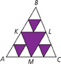 Triangle ABC has midsegments forming a large purple triangle, between K on side AB, L on side BC, and M on side AC. Small purple triangles connect the midpoints of the large purple triangle to the midpoints of the segments formed on triangle ABC.