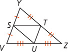 Triangle VYZ, midsegments connect midpoints S on side VY, T on side ZY, and U on side VZ.