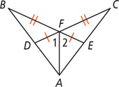 A polygon has vertices A, B, C, and F, with F concave, and sides BF and CF equal. Equal segments connect F to D on side AB and E on side AC. Vertical segment AF forms angle 1 with DF and angle 2 with EF.